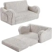MOMCAYWEX Kids Extra Wide Chairs for Toddler, 2-in-1 Toddler Soft Sherpa Couch Fold Out, Convertible Sofa to Lounger for Girls and Boys, Grey