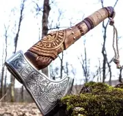 Handmade Viking Bearded Axe-Carbon Steel Hatchet for Hunting with Leather Sheath