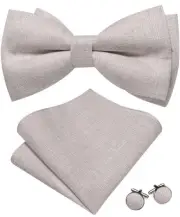 Men's Bow Tie Set Extra Large Cotton Linen Bowties with Light Grey