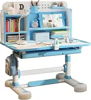 HOOMFIT Children's Study Table, Height-Adjustable Children's School Study and Writing Table with Tilting Tabletop, LED Light, aligner, Drawing Board, Storage Drawer, Bookshelf (Blue).