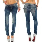 Cipo & Baxx Jeans Low Waist Stretch White Seams Stonewashed Embellished Pockets