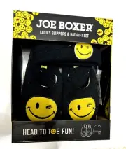Joe Boxer Women”s Smiley Face Slipper and Hat Gift Set Lady Size 6/7 Small Black