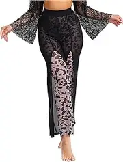 [TiaoBug] Womens Casual Leopard Print Latin Dance Pants Double Sheer Mesh Wide Leg Split Bell Bottom Trousers