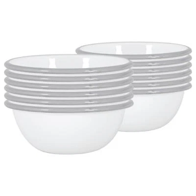 12x White Enamel Bowls Steel Outdoor Camping Dinnerware Tableware 16cm Grey