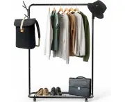 Industrial Garment Rack with Wheels & Hooks - Black