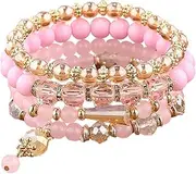 [Lian] 4Pcs Bohemian Stackable Bead Bracelets Crystal Stone Stretch Bracelets Multi-Layer Beaded Stackable Bracelet Set Handmade Colorful Adjustable Bracelets for Women Girls Multilayered Boho Bracelet
