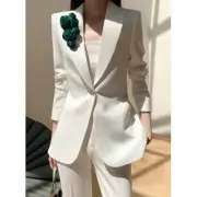 2025 Spring Fall Career White Blazer Suits Set Slim Fit Jacket Long Trousers 2pc