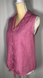 Tommy Bahama Women Blouse Linen Medium Shirt Top Check Gingham Tie Pink New $99