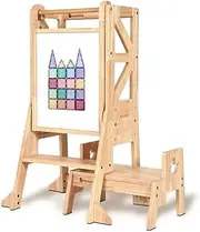 My Duckling Solid Wood Learning Tower,Toddler Kitchen Helper with Adjustable Height, Kids Standing Tower with Step Stool, Flag with Duck Stool Handle