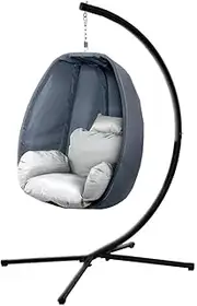 Gardeon Outdoor Egg Swing Chair Rattan Grey Garden Bench Hanging Seat, Patio Baconly Furniture Chairs, with Stand Cushions Foldable Water Resistant 150kg Capacity