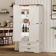 Dystler Farmhouse Storage Cabinet with Adjustable Shelves, 69" Tall Pantry Cabinet with 2 Drawers & Doors, Wood Storage with LED Light for Kitchen, Dining Room, Bathroom, Utility Room, White