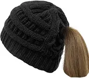 [Taidor] Soft Stretch Cable Knit Hat Ponytail Beanie Hat for Women Messy Bun Beanie Tail Slouchy Warm Hat