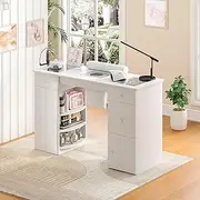 [ADVWIN] Manicure Table for Nail Tech, Glass Top Nail Table Acetone Resistant w/Dust Collector, Drawers & Shelves & Cabinet Storage, Nail Beauty Workstation w/Wrist Cushion, Crystal Handles (White)