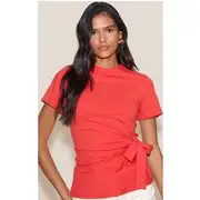 Tomato Red Cotton Tie Detail Oversized T Shirt, Tomato Red