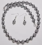 Necklace + earrings, silver/grey Shell Pearls, Black Agate 18"