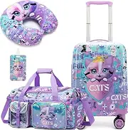 [Inprof] Kid’s Luggage Set 3 Piece Suitcase Set 16’’ Hardside Luggage Carry on Travel Rolling Luggage Airline Approved for Girls and Boys, A Purple Cat, 16 inch