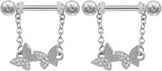 [Niaspi] 14G 316L Surgical Steel Silver Butterfly Dangle Nipple Rings for Women Hypoallergenic CZ Rhinestone Butterfly Nipplerings Straight Barbell Nipple Studs Body Piercing Jewelry, 14g, Stainless