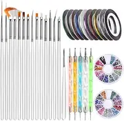 Nail Art Brushes, Teenitor 3d Nail Art Paiting Polish Design Kit with 15 Nail gel Brushes, Nail Dotting Pen 5pcs, 12 Colors Nail Rinestones & 10 adhesive Nail striping tape for False Acrylic Nails