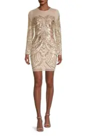 Aidan Mattox Illusion Crew Neck Long Sleeve Bodycon Zipper Back Embellished Mesh