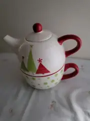 Christmas Tree Teapot One Cup Set Hand Painted Ironstone Pier 1 Holiday 3 pc