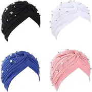 [Generic] Turban Hats for Women Beaded Pre Tied Knot Hats Chemo Headwrap caps for Hair Cover