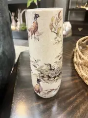 Large White Crackled Ceramic Pheasant Vase-12"