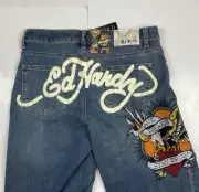 Ed Hardy Women’s Jeans 30x32 Wide Leg Brave Hearts Stay True Eagle NWT