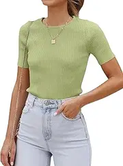 Cuptacc T-Shirt Women's Short Sleeve Crew Neck Slim Fit Knitted Plain Tops Summer Basic Shirts, Moss Green, L