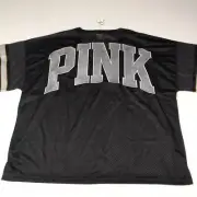 Victorias Secret PINK LARGE Black Mesh T-Shirt Varsity Tee Large Pink Logo