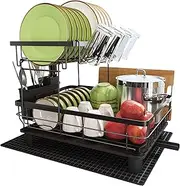 Romision Dish Drying Rack for Kitchen Counter, 2 Tier Dish Racks with Drainboard Set, Detachable Large Dish Drainer with Utensils Holder, Dish Drainer Rack with Extra Drying Mat, Black