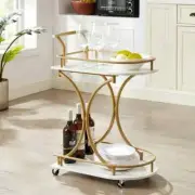 Gold 2 Tier Bar Rolling Serving Cart Wine Rack Glass Holder Shelves Storage New