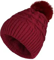 [Sibba] Bobble Hat for Women Winter Beanie Hats Thermal Fleece Lined Hat Ladies Knitted Wooly Hats with Faux Fur Pom Pom