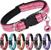 AUAUY Reflective Nylon Dog Collars, Double Security Adjustable Classic Pet Collars with Soft Neoprene Padding AirTag Case, Dual D-Ring Quick Release Buckle for Small, Medium and Large Dogs(Rose Red-S)