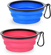 PetBonus 2-Pack Silicone Collapsible Dog Bowls, BPA Free Dishwasher Safe, Portable Foldable Expandable Travel Bowl, Food Water Feeding Cup Dish for Dogs Cats with 2 Carabiners (Blue, Pink)
