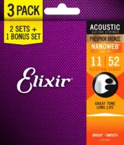 Elixir 16544 Nanoweb Phosphor Bronze 11-52 3 Pack Custom Light