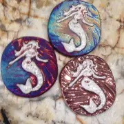 (2) Mermaid Medallion "I Live Free" Raku Pottery NEW