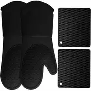 Silicone Oven Mitts and Pot Holders, 4-Piece Set, Heavy Duty Cooking Gloves, Kitchen Counter Safe Trivet Mats (Black)