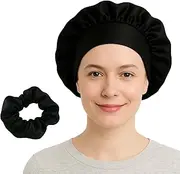 Silk Sleep Bonnet for Women with Scrunchie | Adjustable Satin Night Cap | Breathable Hair Protector for Curly, Natural, Black Hair (Black)