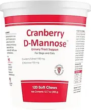 Cranberry D-Mannose Urinary Tract Support Supplement for Cats and Dogs - Cranberry Extract, D-Mannose, Vitamin C - Bladder and UTI Treatment - Made in USA - 120 Soft Chews