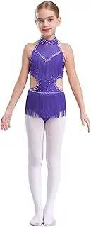 [Hedmy] Kids Girls Rhinestones Latin Dance Dress Tassels Fringed Leotard Cutout Backless Bodysuit Dancewear