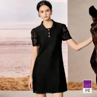 在飛比找momo購物網優惠-【ILEY 伊蕾】縷空蕾絲針織POLO領洋裝(黑色；M-L；