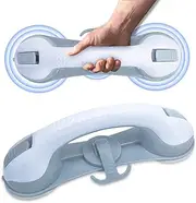 Bathroom Shower Grab Bars for Seniors - 3 Suction Cups Bathtub Shower Handle with Hooks 11 Inch No Drilling Shower Bars Safety Strong Handrails Elderly Assistance Products (2 Pack Blue Grey)