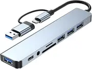 8 in 1 USB C Hub, USB C Adapter with 4 USB Ports, SD/TF Card Reader, 3.5mm Headphone Jack, USB C Data Port, Compatible with MacBook/Laptop/XPS/Tablet/Smartphones and More