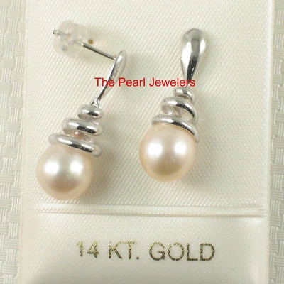 Solid 14k White Gold Swirl-Top AAA Peach Cultured Pearl Dangle Earrings