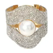 Pave Stone Cuff Bracelet Open Bangle Pearl Center GOLD 2094