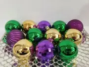 12pc Christmas Peacock Madri Gras Green Purple Gold Plastic Tree Ornaments 2.5"