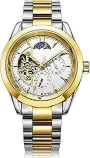 [BESTKANG] Men's Automatic Mechanical Watches Luxury Dress Waterproof Self Winding Moon Phase Stainless Steel Luminous Date Tourbillon Wristwatch for Men