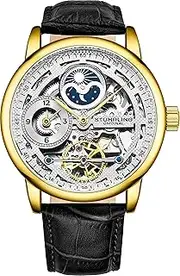 [Stührling] Stuhrling Original Mens Skeleton Automatic Watch - Dual Time AM/PM Sun and Moon Genuine Leather Strap, Gold/Black