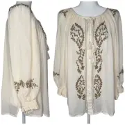 NWT Elie Tahari Peasant Top 2X Rayon Boho Gypsy Embroidered Shirt Tassel Blouse
