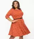 Unique Vintage Plus Size Rust & Black Pumpkin Patch Stephanie Flare Dress XL